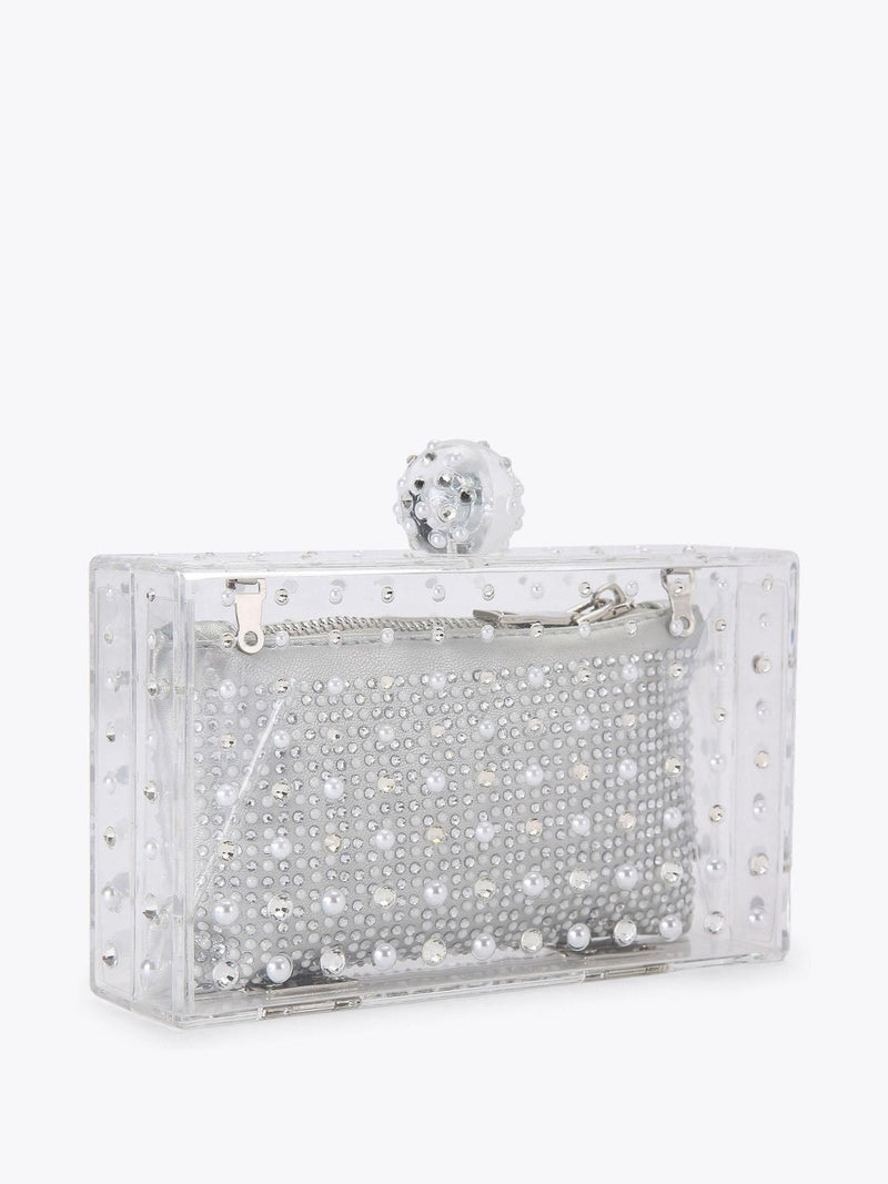 Carvela Cristallo clutch bag in silver tone with crystals, imported from the UK