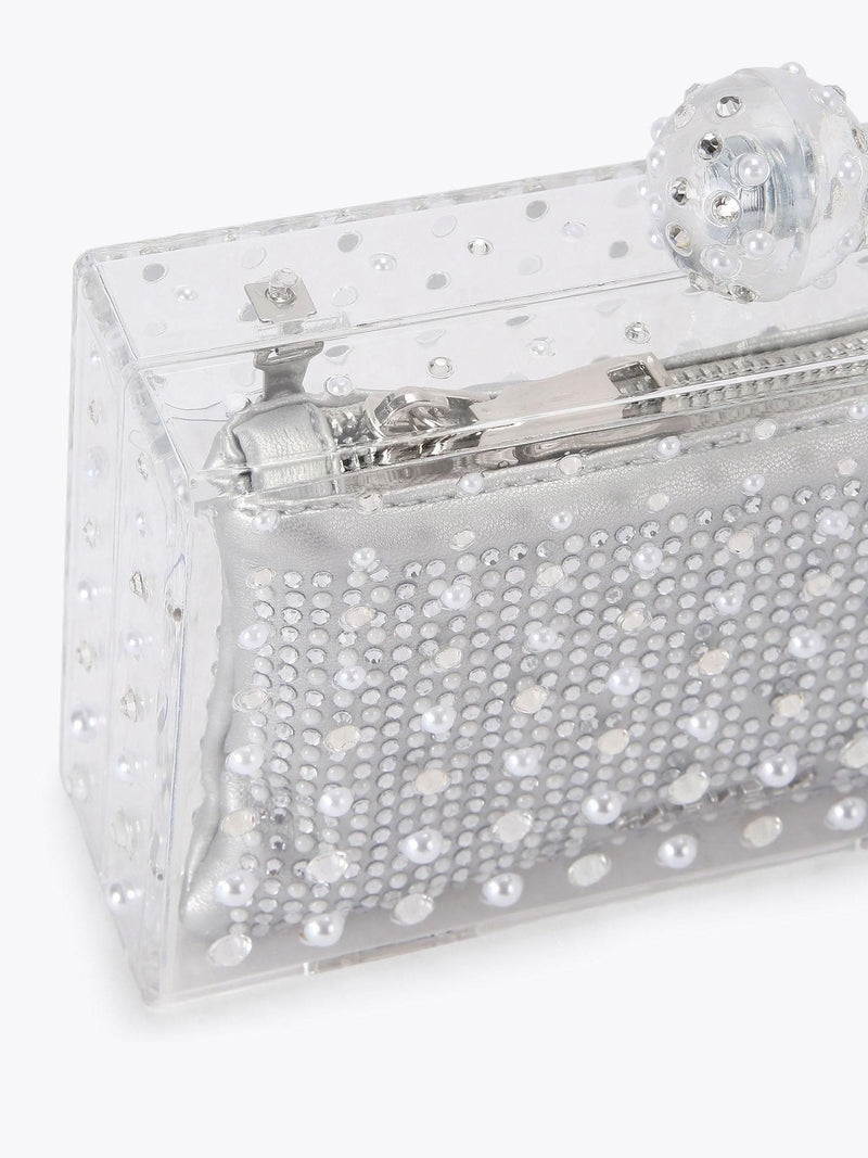 Carvela Cristallo clutch bag in silver tone with crystals, imported from the UK