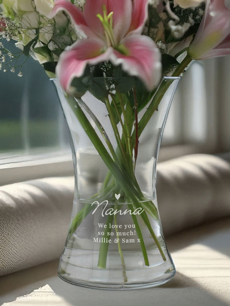 PMC personalised heart-shaped glass vase, imported from the UK