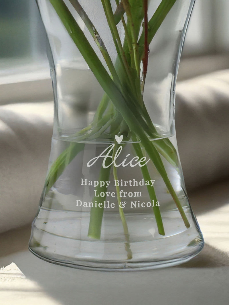 PMC personalised heart-shaped glass vase, imported from the UK