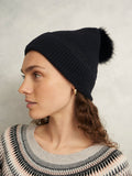 Hobbs black Carys knit hat with faux fur pom, UK version