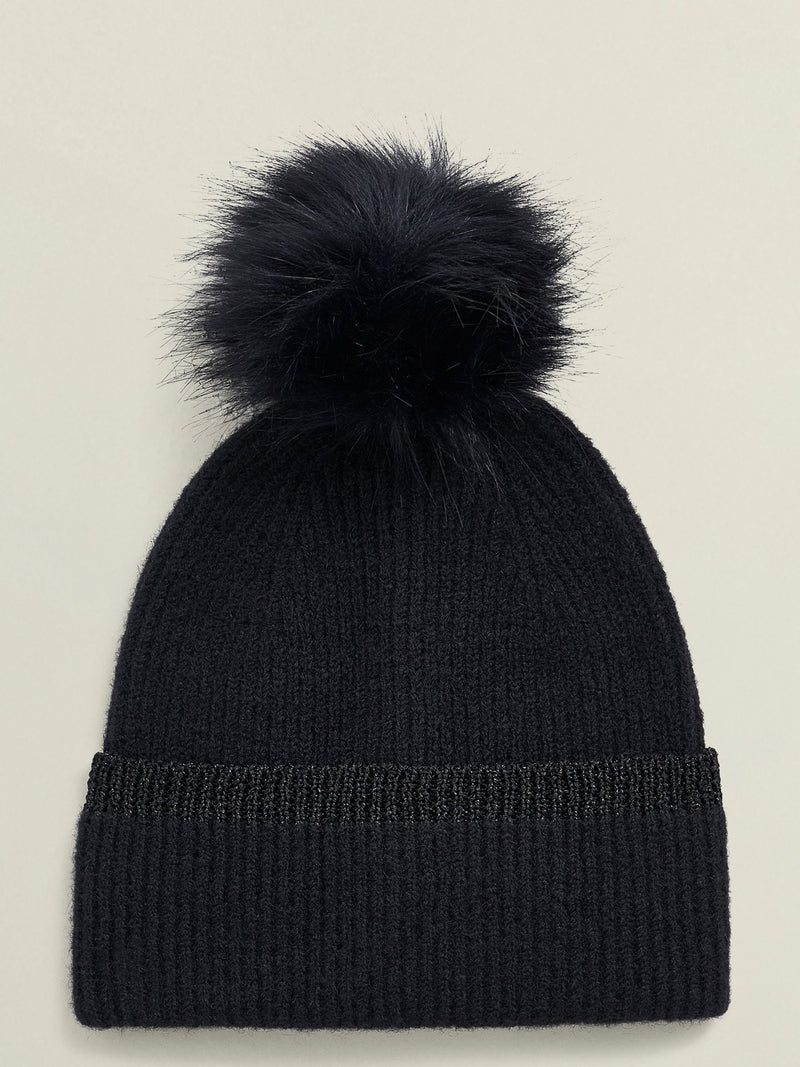 Hobbs black Carys knit hat with faux fur pom, UK version