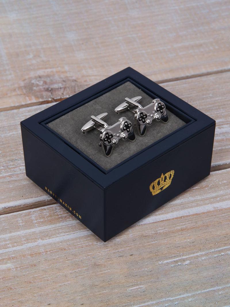 Harvey Makin game controller cufflinks pair, polished rhodium, imported from the UK