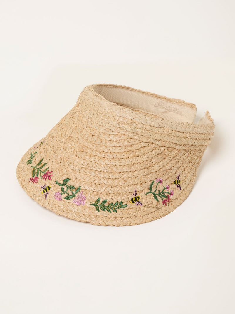 FatFace natural floral bee embroidered straw visor, imported from the UK