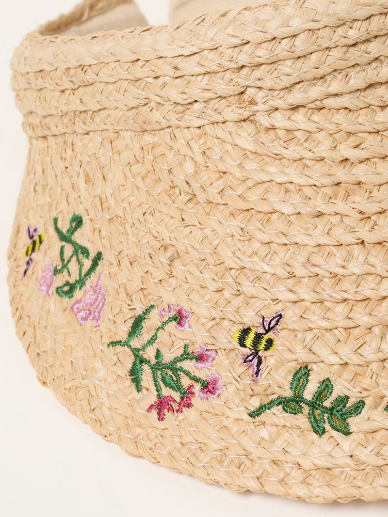 FatFace natural floral bee embroidered straw visor, imported from the UK