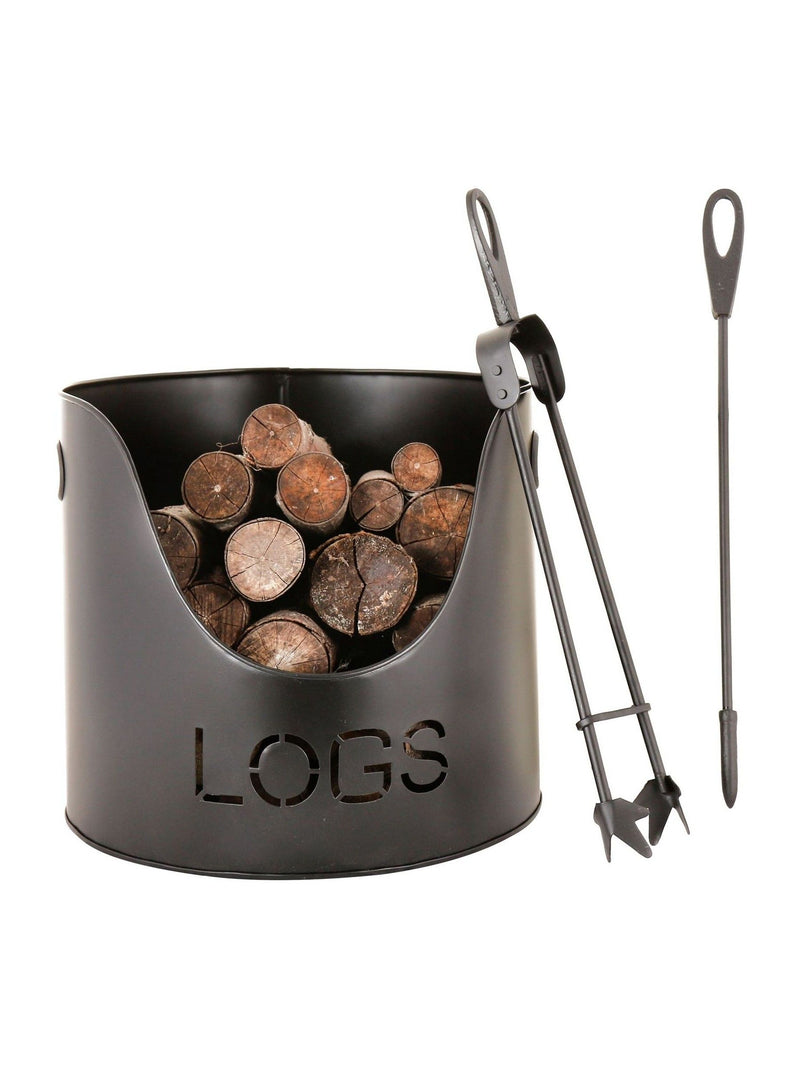 Dibor Black Country logs bucket with poker and tongs, imported from the UK