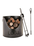 Dibor Black Country logs bucket with poker and tongs, imported from the UK