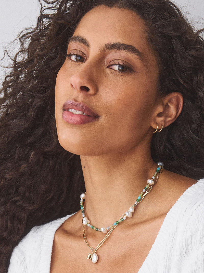 Beady necklace gold tone blue stone pearl effect 2 layer (British brand)