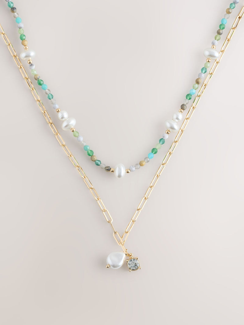 Beady necklace gold tone blue stone pearl effect 2 layer (British brand)