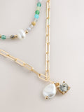 Beady necklace gold tone blue stone pearl effect 2 layer (British brand)