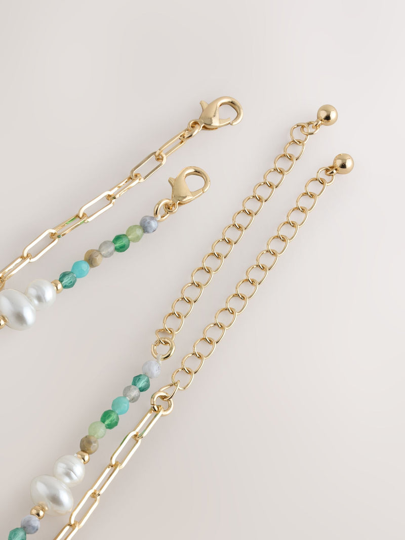 Beady necklace gold tone blue stone pearl effect 2 layer (British brand)