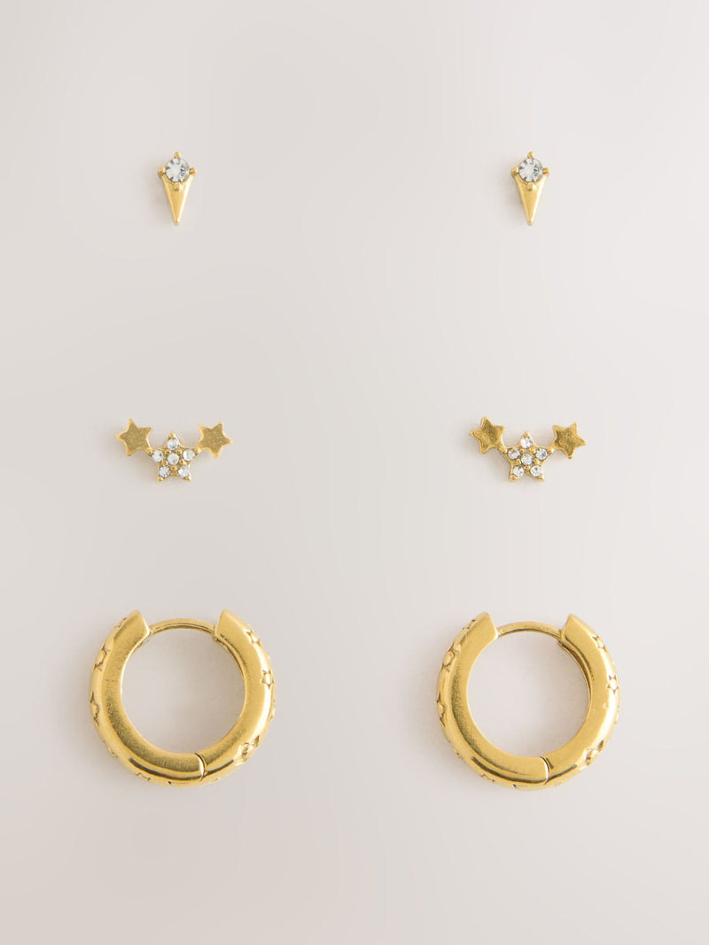 Gold Tone celestial waterproof stainless steel earrings 3 pack - British product