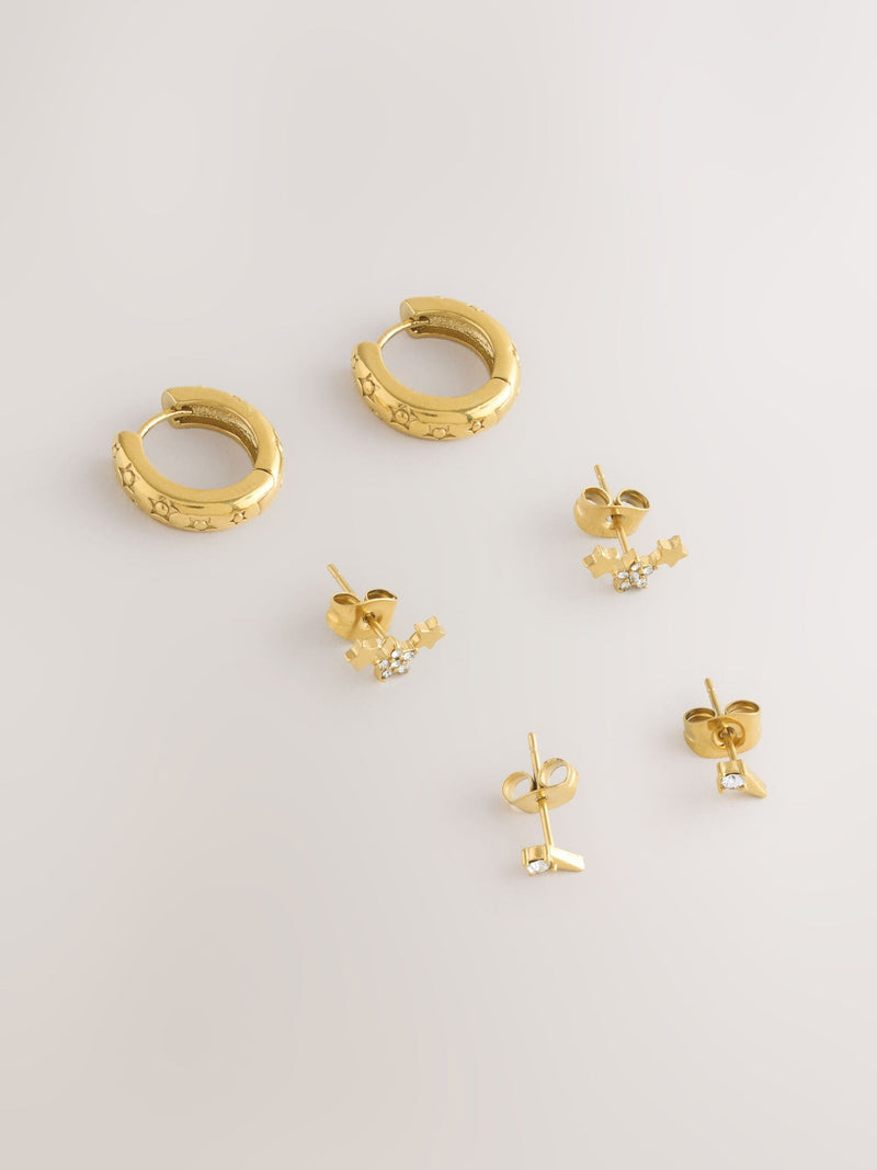 Gold Tone celestial waterproof stainless steel earrings 3 pack - British product