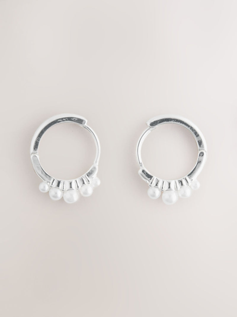 Silver tone pearl effect huggie hoops - British product