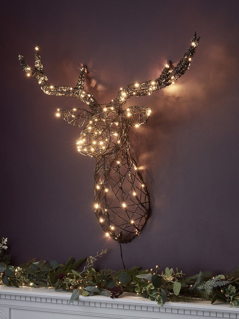 Lights4fun rattan stag head LED wall light 80cm, UK version