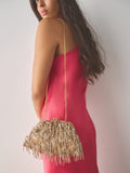 Champagne gold pearl effect fringe clutch bag, UK version
