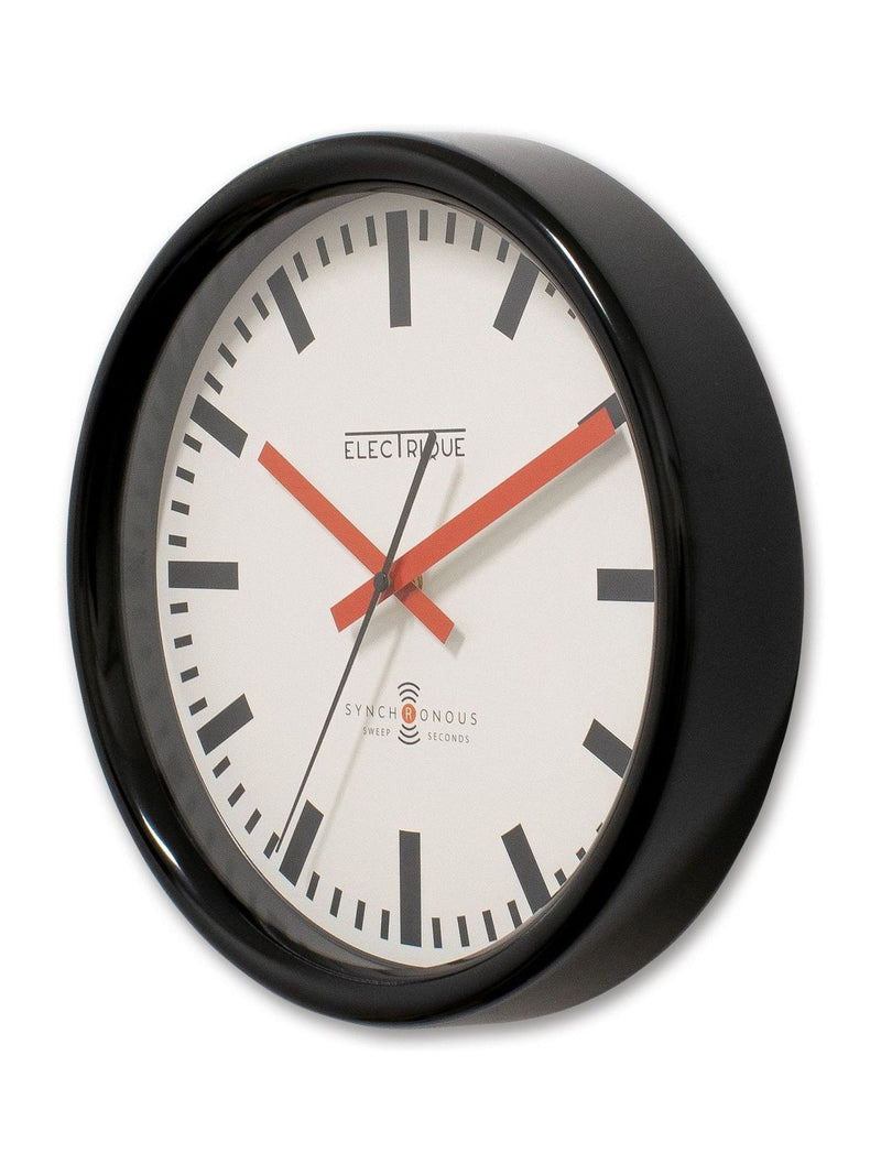 Brookpace Lascelles black Swiss station clock 30cm, imported from the UK