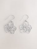 Silver tone flower drop earrings with fish-hook fastening, UK version