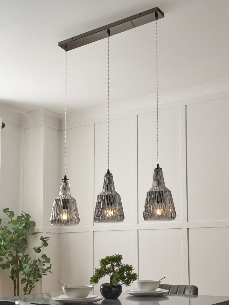 BHS Mikael 3-light smoky grey glass ceiling pendant - British product