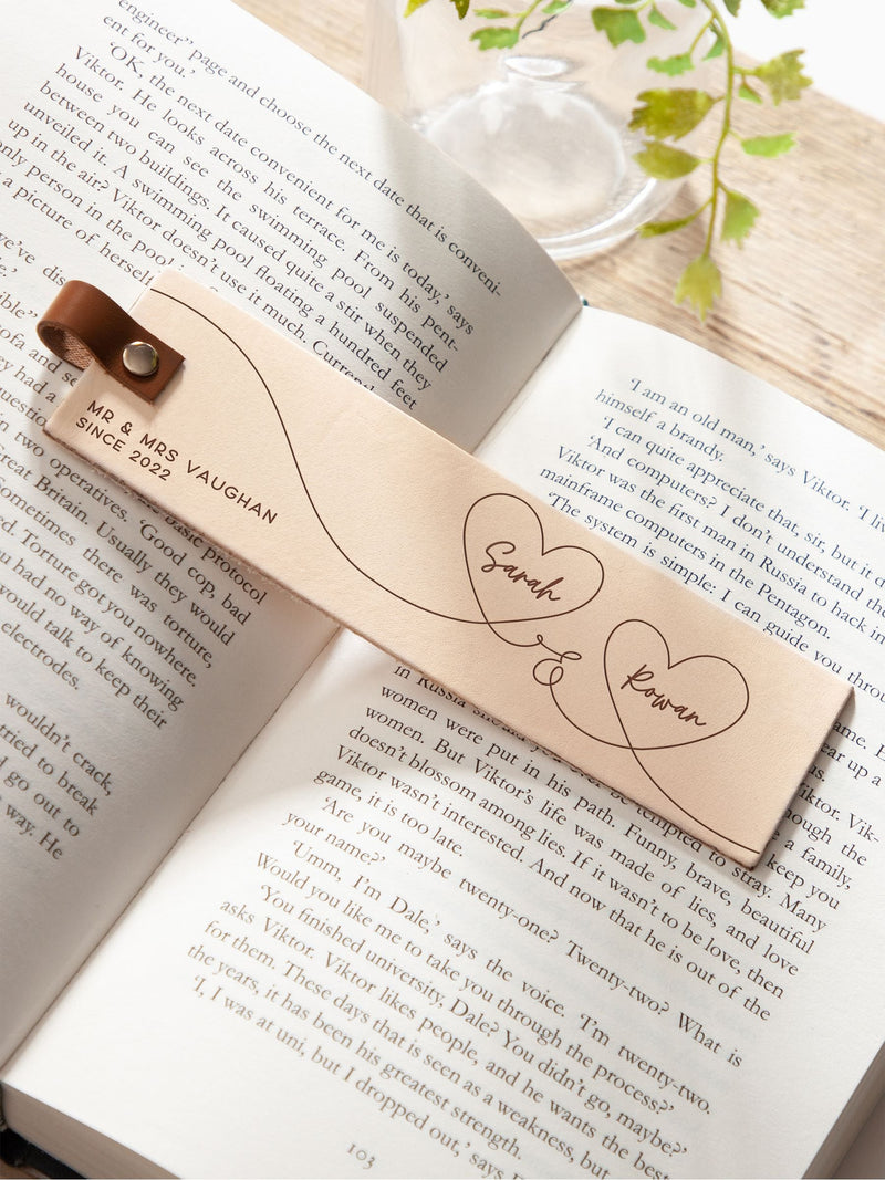 No Ordinary Gift personalised leather bookmark with engraved names 5.2x18cm, UK version