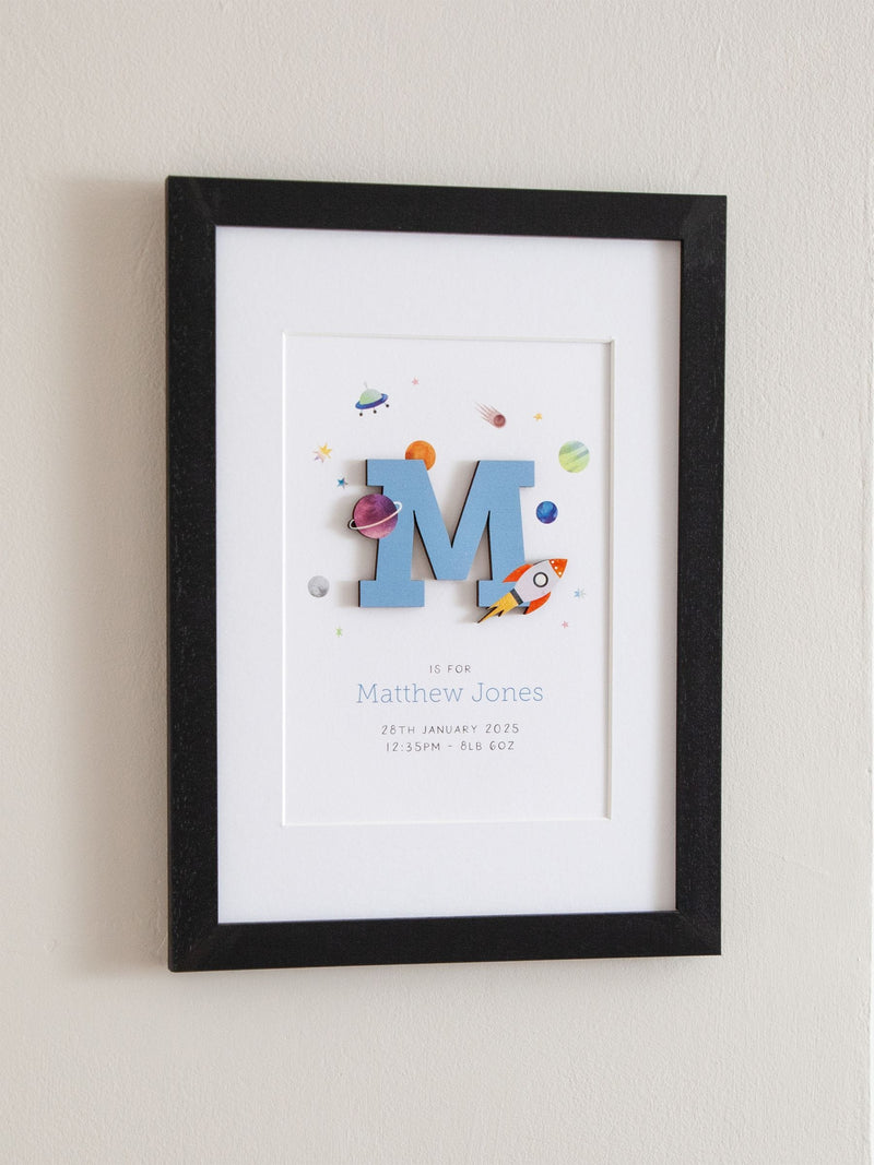 No Ordinary Gift personalised rocket and planets initial print A5, imported from the UK