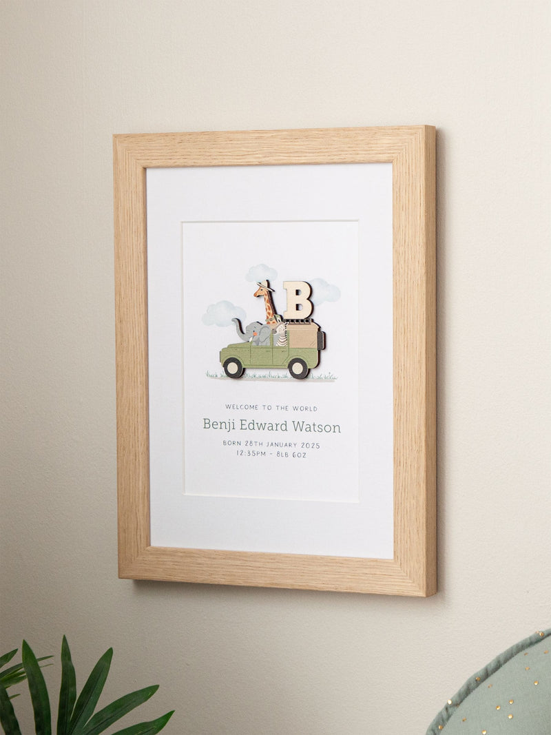No Ordinary Gift personalised safari truck print oak frame A5, UK version