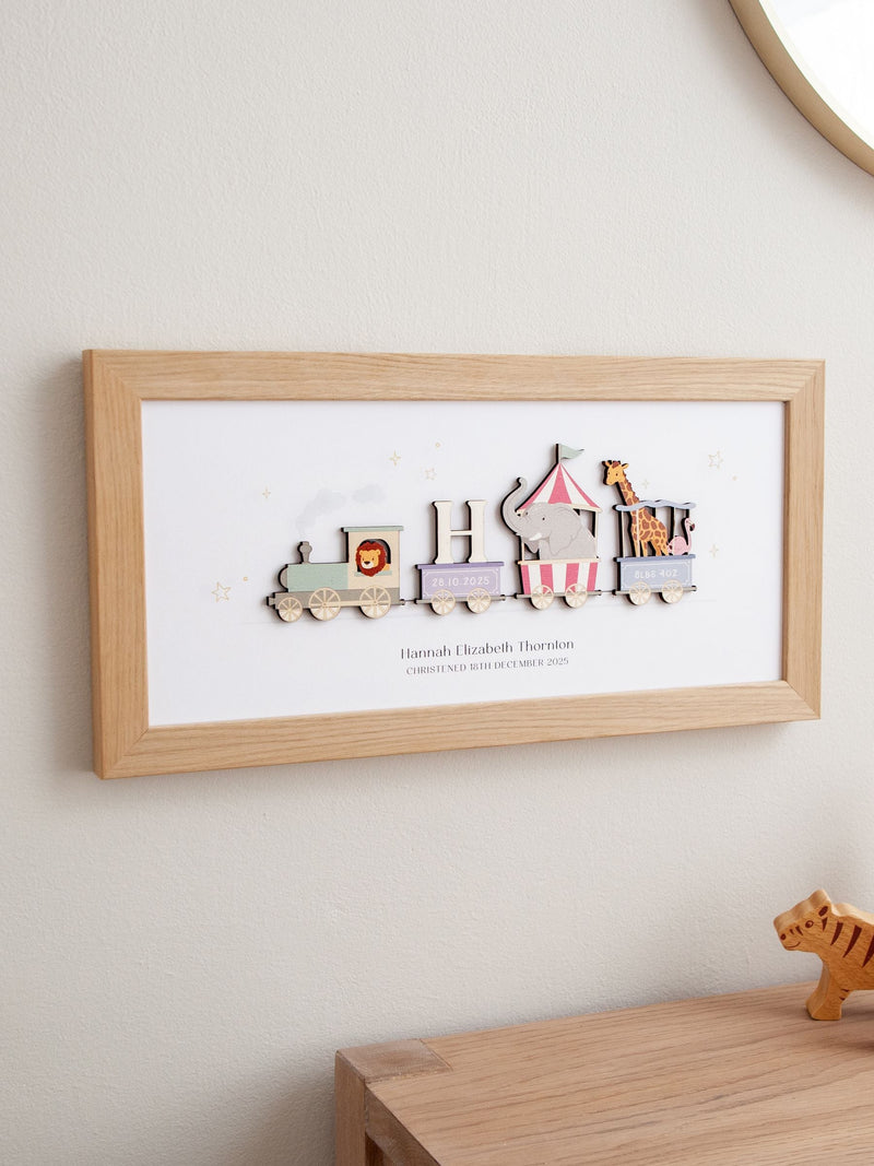 No Ordinary Gift personalised circus train print oak frame 18x40cm (British brand)