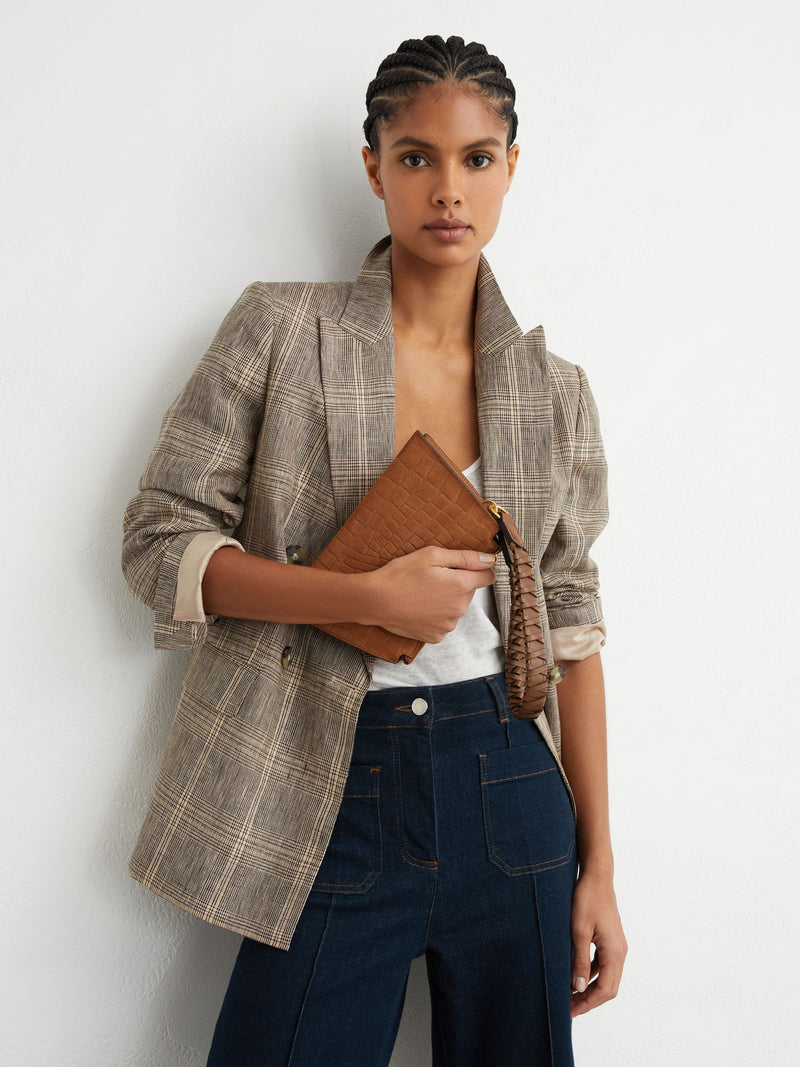 Reiss tan Avery embossed suede leather top-handle bag, UK version