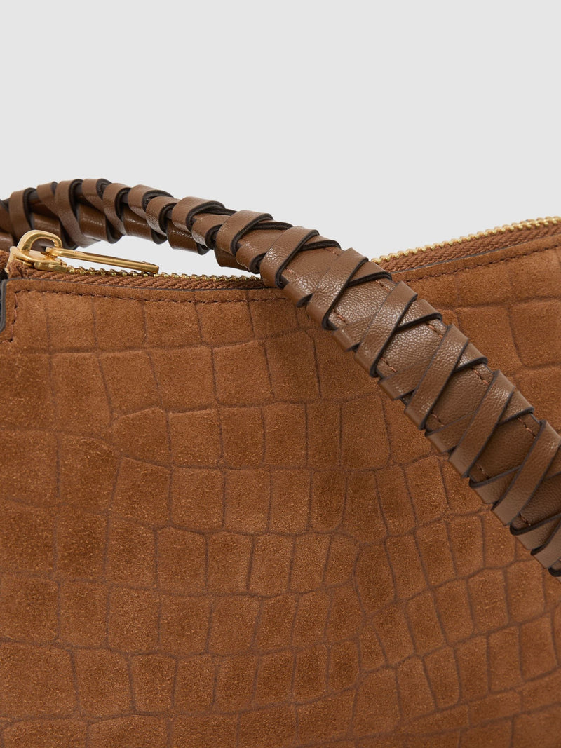Reiss tan Avery embossed suede leather top-handle bag, UK version