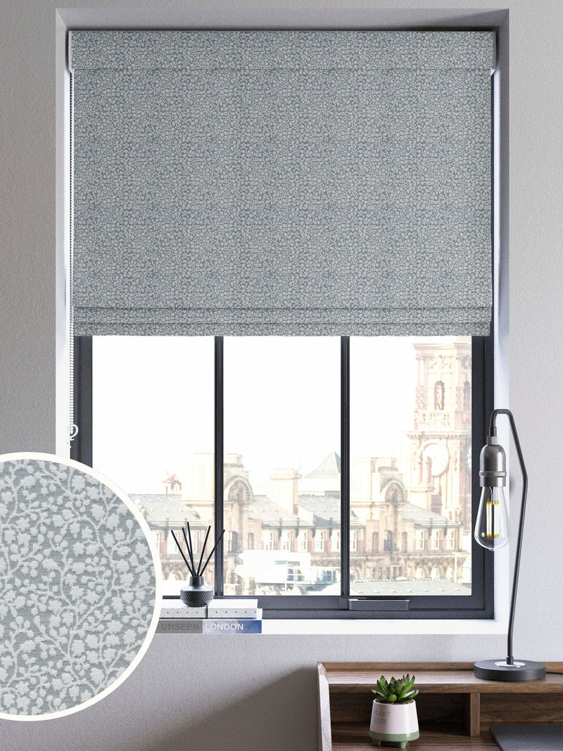 Blue floral chenille roman blind made to measure, imported from the UK