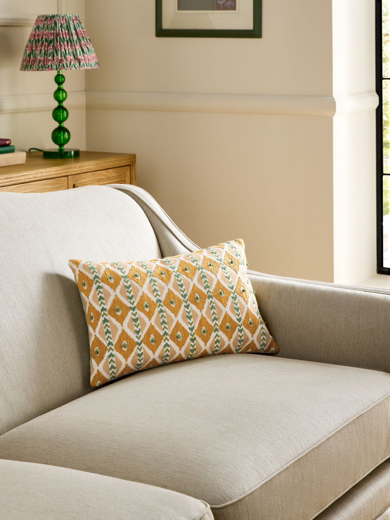 Nina Campbell ochre ikat stripe embroidered cushion 30cm, imported from the UK