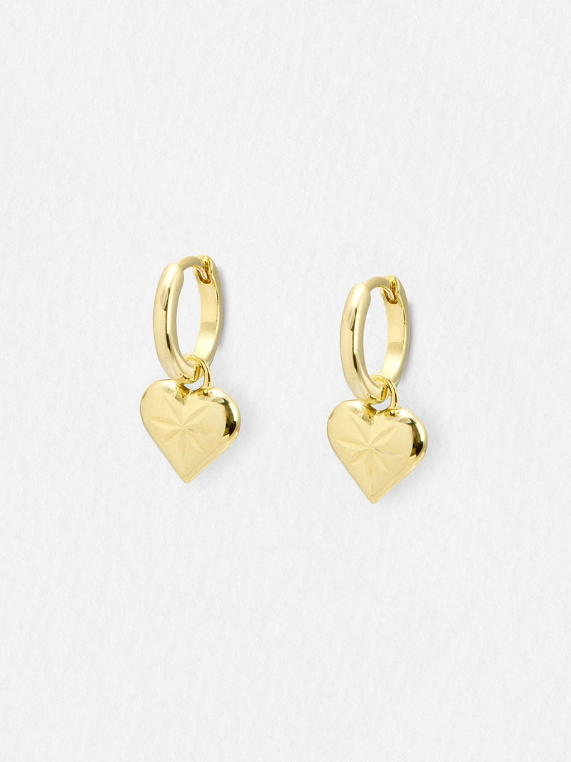 Oliver Bonas Cora engraved heart charm hoop drop earrings, UK version