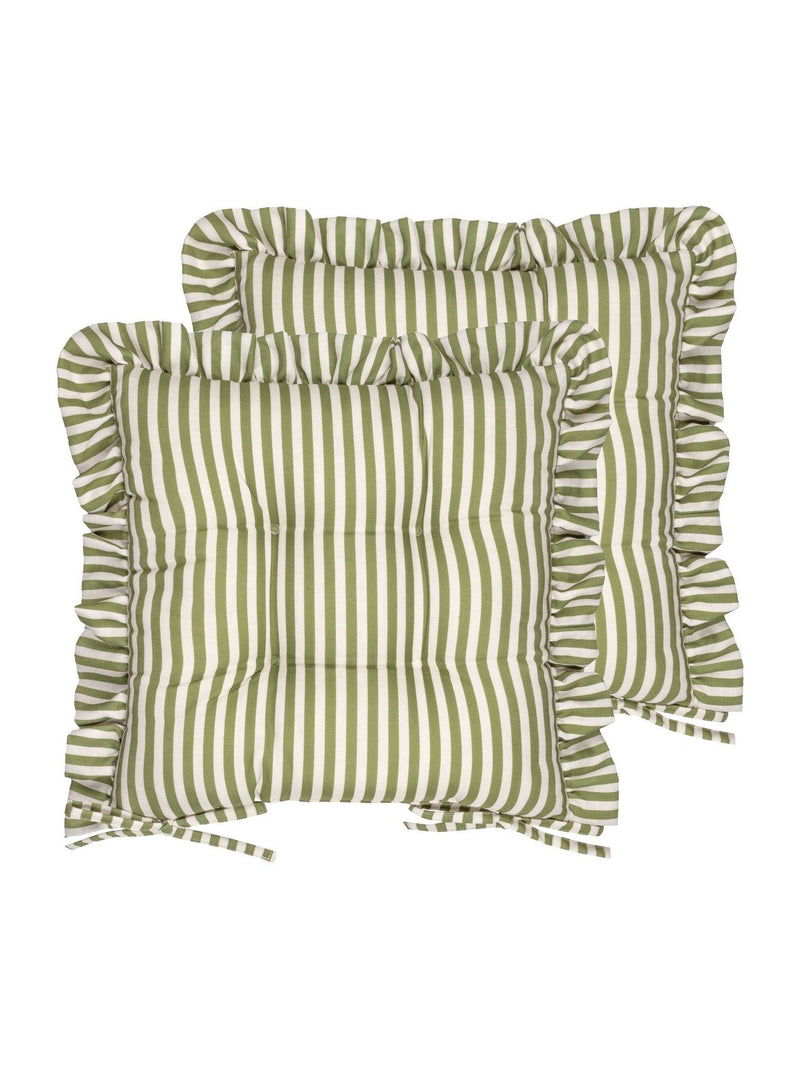 Wylder green Millie ruffle seat pads 40cm square, imported from the UK