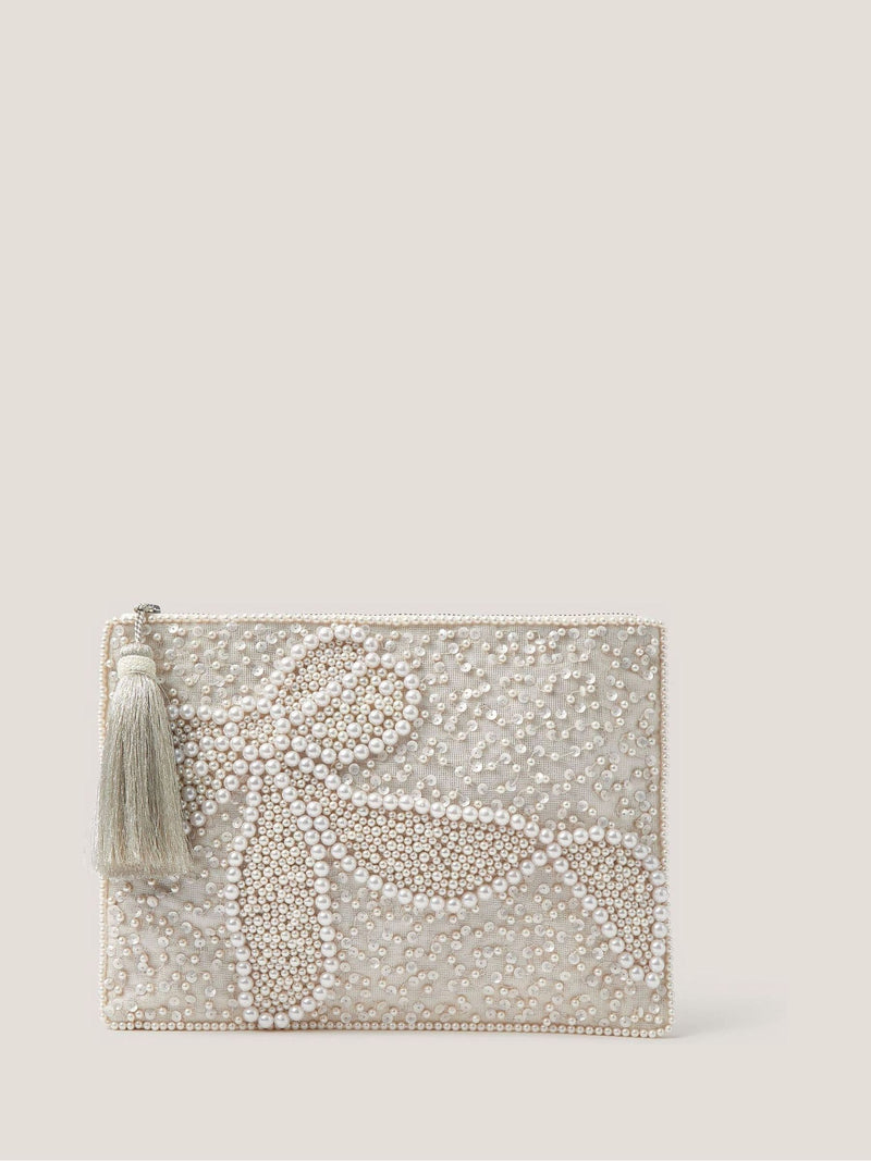 Monsoon Cream Audra Beaded Bow Pouch, imported from the UK