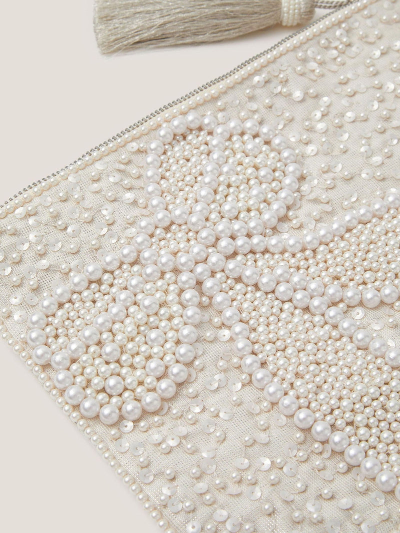 Monsoon Cream Audra Beaded Bow Pouch, imported from the UK