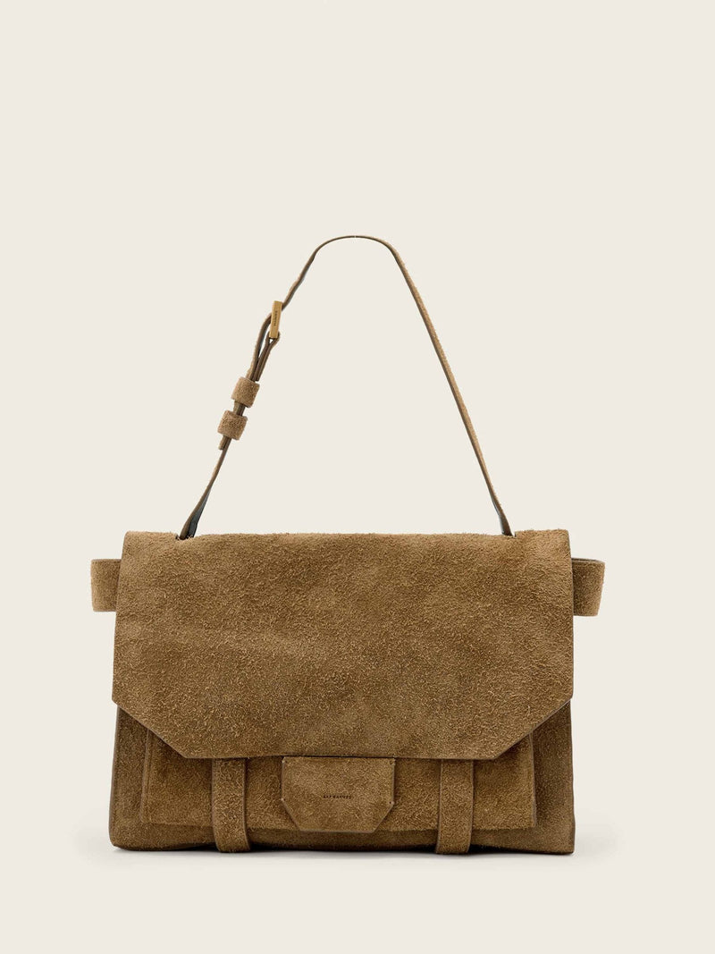 AllSaints brown suede Ursa satchel bag, imported from the UK