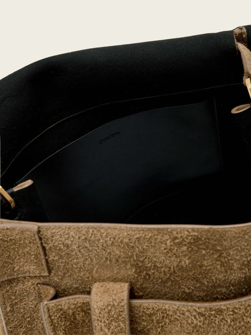 AllSaints brown suede Ursa satchel bag, imported from the UK