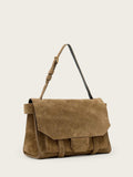 AllSaints brown suede Ursa satchel bag, imported from the UK