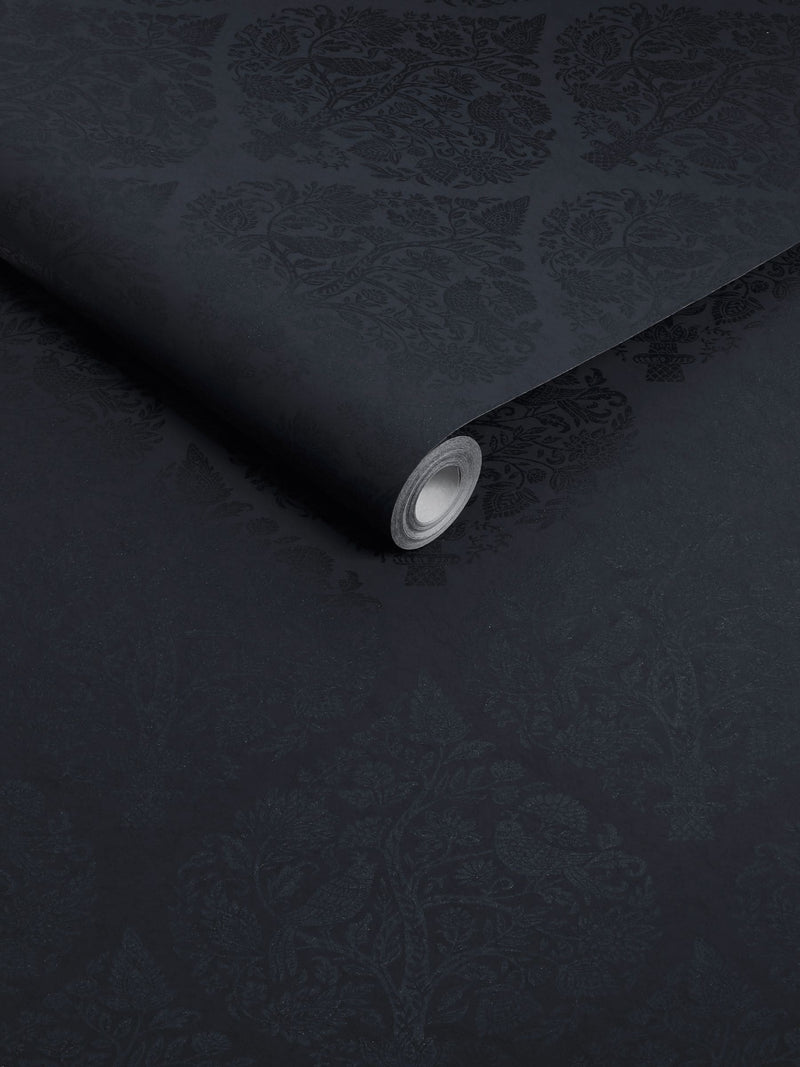 Graham & Brown Woodland Fable navy damask wallpaper 10m x 52cm, imported from the UK