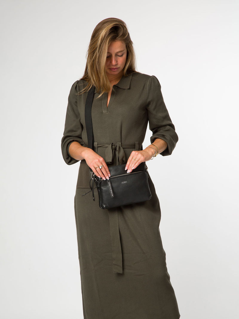 Cultured London black leather cross-body bag, imported from the UK