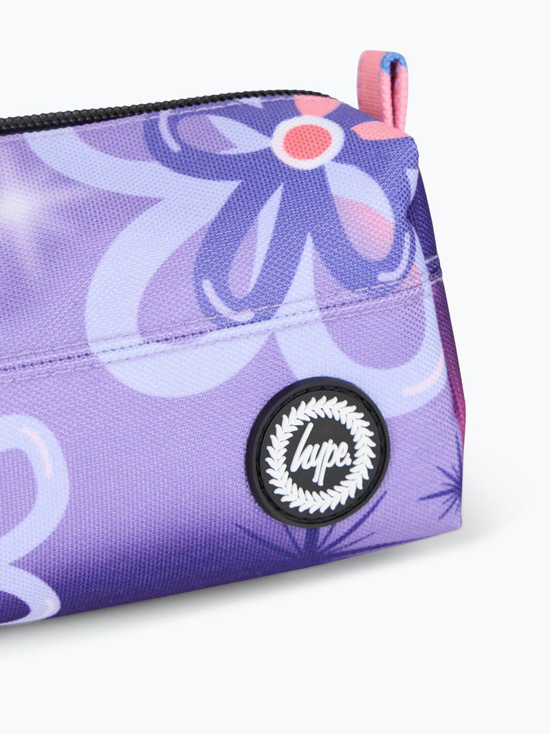 Hype purple sparkle flower pencil case with crest badge, imported from the UK