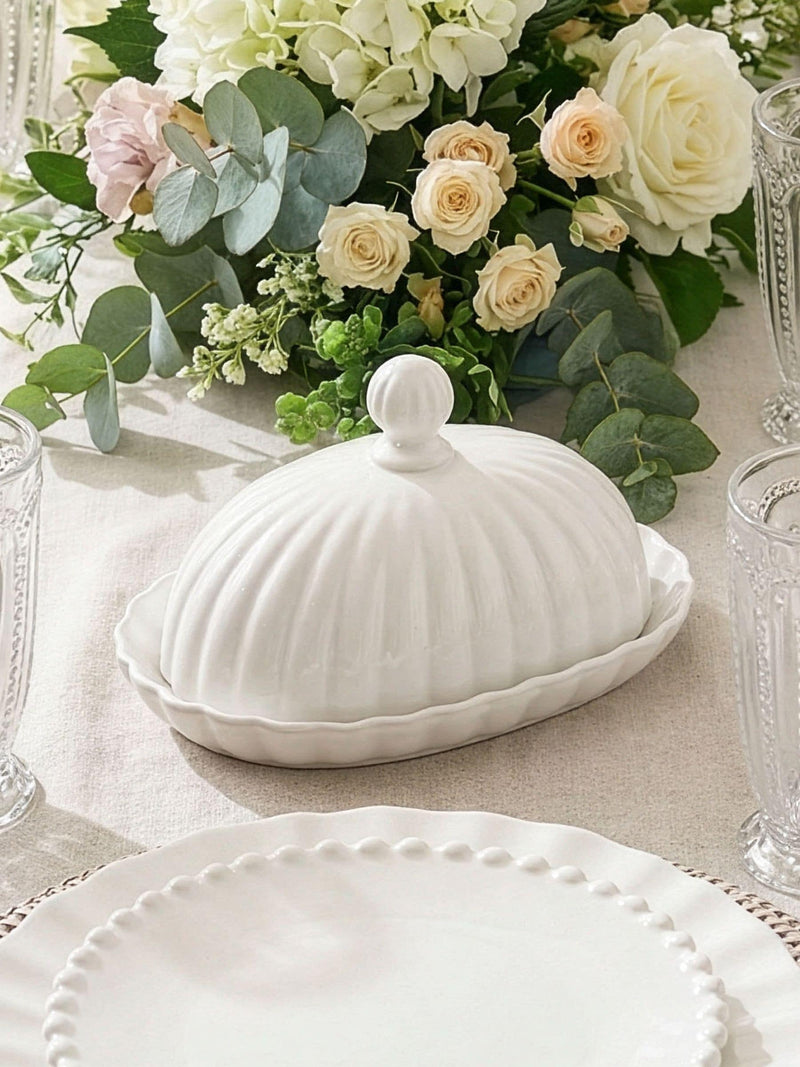Dibor white scalloped butter dish ceramic, UK version