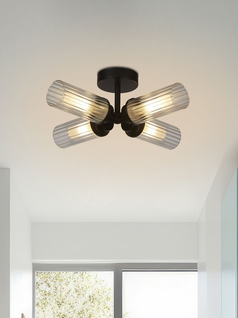 Searchlight black flush ceiling light with ribbed glass, UK version