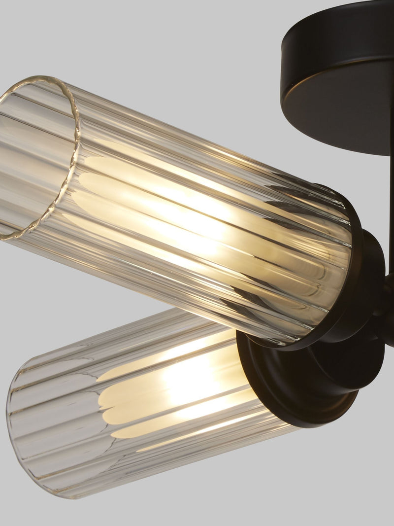 Searchlight black flush ceiling light with ribbed glass, UK version