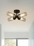 Searchlight black flush ceiling light with ribbed glass, UK version
