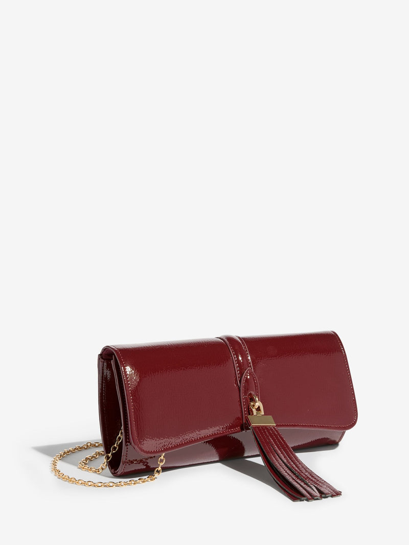 Lipsy burgundy red tassel trim clutch bag, UK version