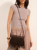 Friends Like These brown suedette cross-body bag with fringe and studs (British brand)