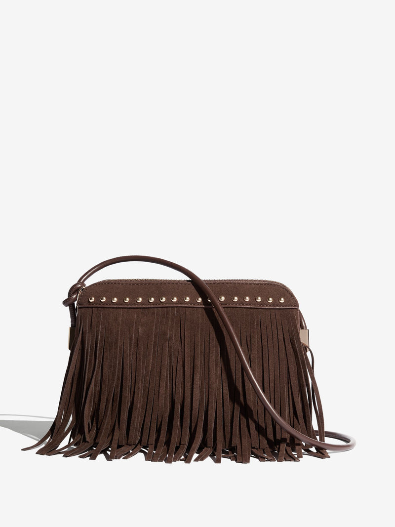 Friends Like These brown suedette cross-body bag with fringe and studs (British brand)