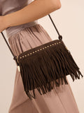 Friends Like These brown suedette cross-body bag with fringe and studs (British brand)
