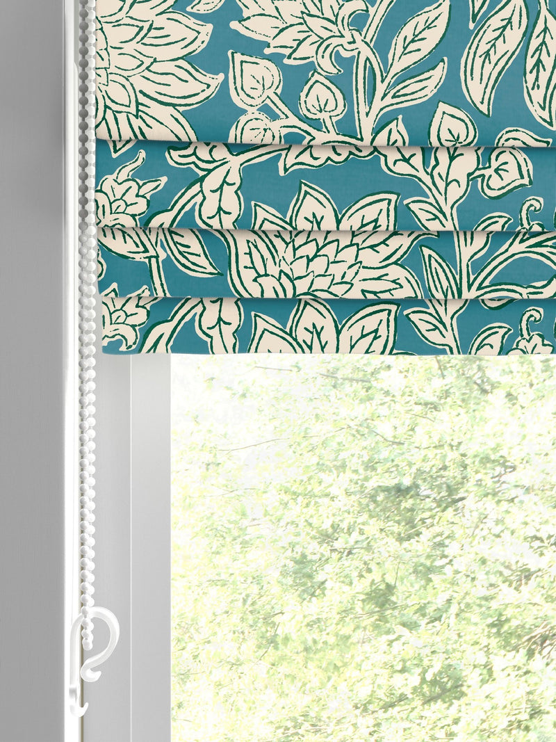 Land & Shore teal Rowallane roman blinds, UK version